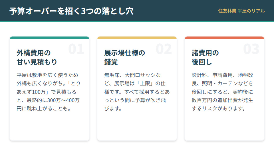 住友林業の平屋で予算オーバーを招きやすい3つの落とし穴(外構費用の甘い見積もり、展示場仕様の錯覚、諸費用の後回し)