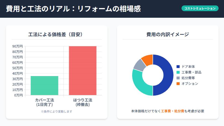 玄関ドア交換のリフォーム費用比較グラフ。カバー工法と枠撤去工法の価格差および、本体価格・工事費・オプション費用の一般的な内訳比率。