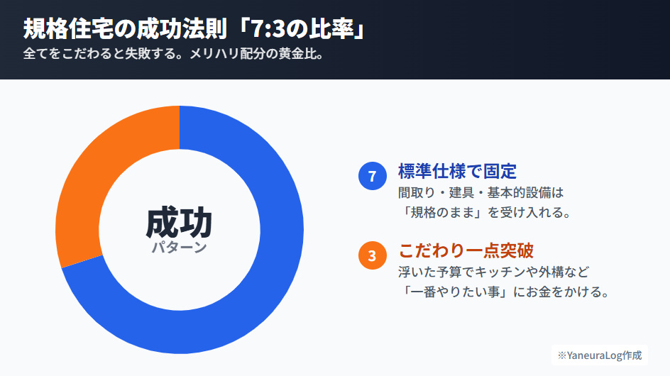 規格住宅で成功するための予算配分「7:3の法則」。7割を標準仕様、3割をこだわりオプションに配分する考え方。