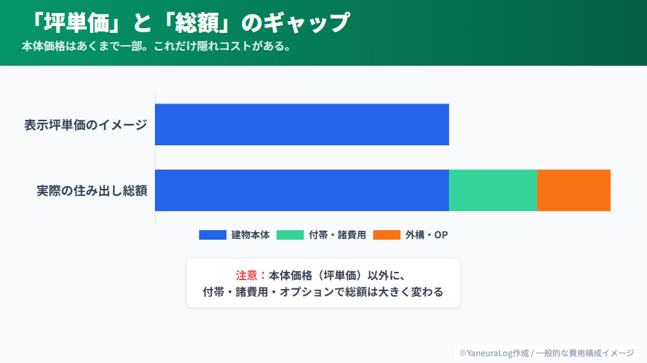 アキュラホーム規格住宅の総額イメージ図。坪単価に含まれる本体価格以外に、付帯工事や諸費用が必要であることを示すグラフ。