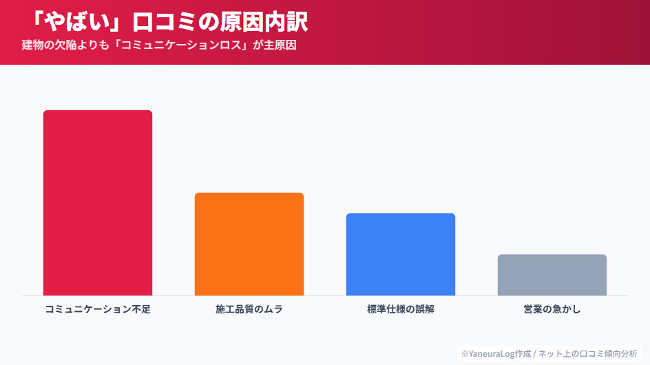 アキュラホームのネガティブな口コミの原因内訳。コミュニケーション不足や認識のズレが主な原因であることを示す分析グラフ。
