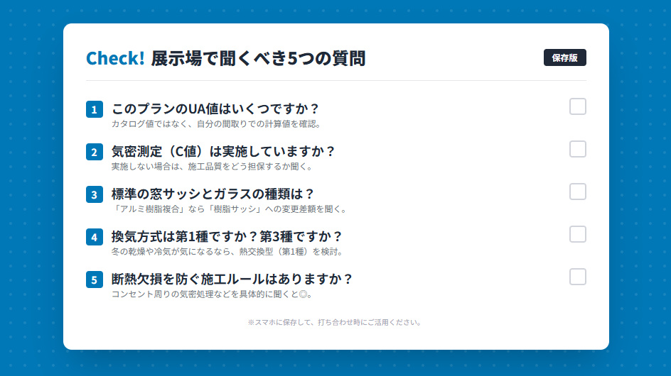 アキュラホームの展示場見学時に確認すべき5つの質問リスト。「このプランのUA値」「気密測定の有無」「窓のサッシ種類」「換気方式」「断熱材の施工ルール」を確認することで、性能ミスを防ぐことができるチェックシート。