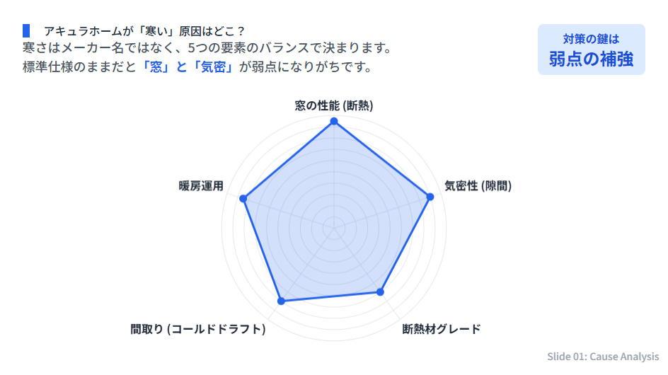 アキュラホームで住んでみて寒いと感じる場合の5つの要因(窓の性能、気密性、断熱材、間取り、暖房運用)の影響度を示すレーダーチャート。