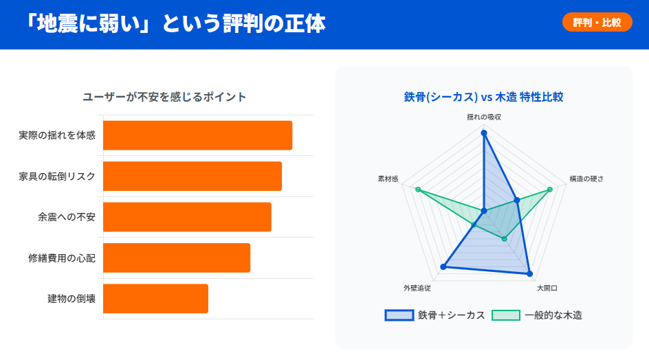 積水ハウスの地震に対するユーザーの不安要因グラフと鉄骨造・木造の性能特性比較レーダーチャート