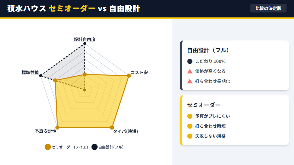 積水ハウスの自由設計とセミオーダーの性能・価格・手間の比較レーダーチャート