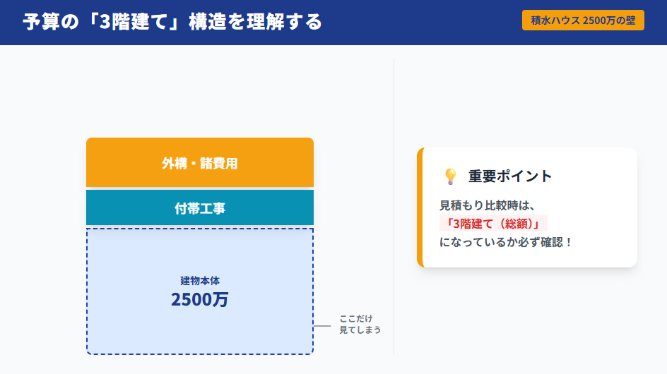 積水ハウス2500万円の内訳図解。建物本体だけでなく、付帯工事と外構・諸費用を含めた3階建て構造で予算を考える重要性を示した図。