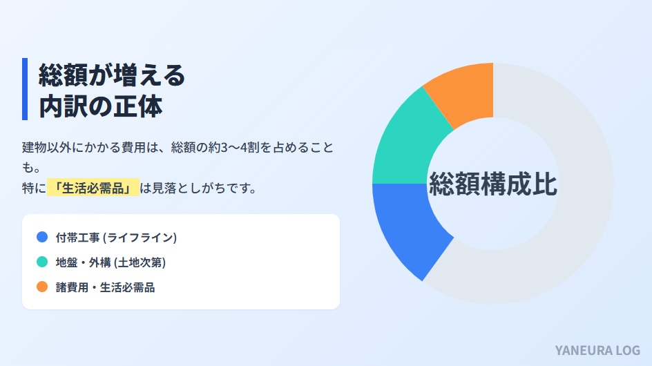 注文住宅の総額内訳グラフ(付帯工事・地盤改良・諸費用)