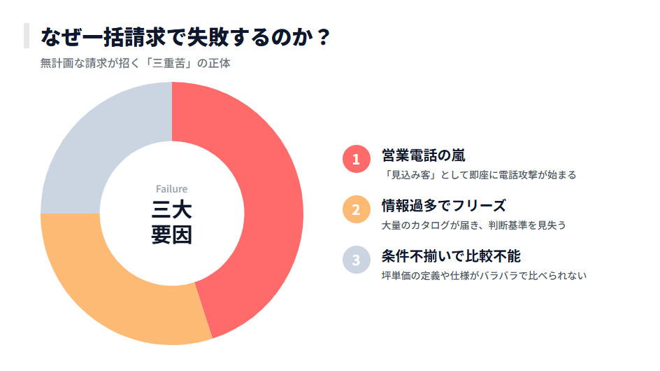 一括請求の失敗原因グラフ。1位は営業電話・訪問、2位は情報過多、3位は比較不能による混乱です。