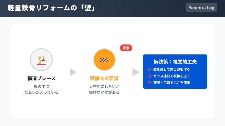 積水ハウス軽量鉄骨リフォームで間取り変更が難しい理由と構造ブレースの制約図