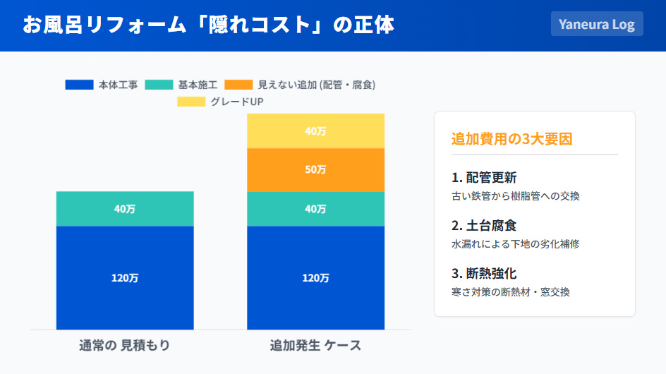 お風呂リフォームの見積もりが上がる要因比較グラフ(標準工事と追加工事の内訳差)