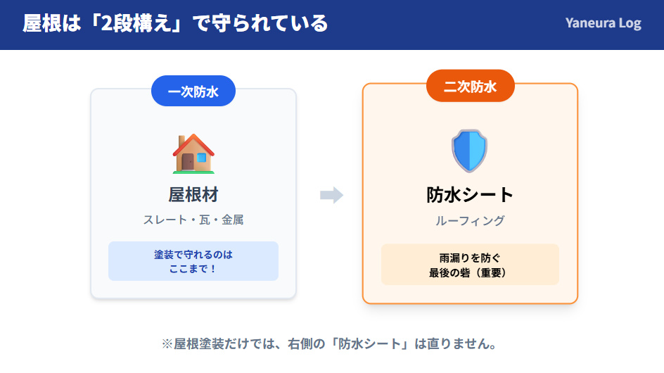 屋根の防水構造図。一次防水(屋根材)の下にある二次防水(防水シート)が雨漏りを防ぐ最後の砦であり、塗装工事では補修できないことを図解。
