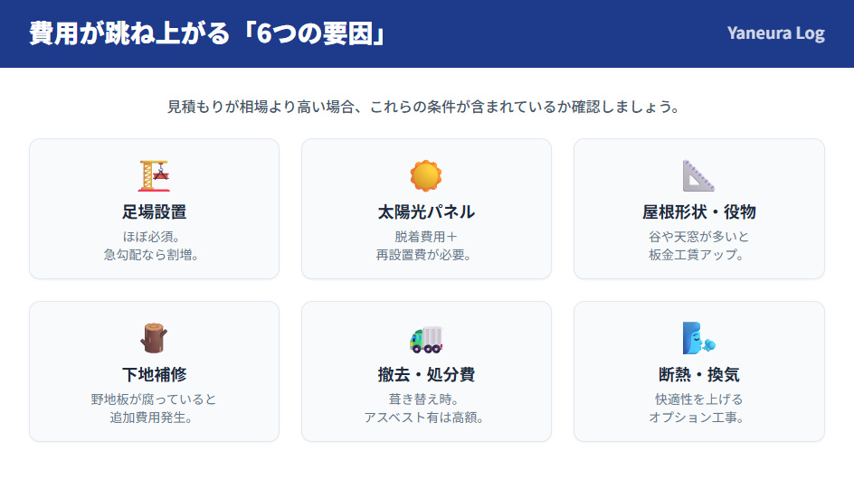屋根リフォーム費用が高くなる6つの要因。足場、太陽光脱着、複雑な屋根形状、下地補修、廃材処分、断熱オプションについて図解。