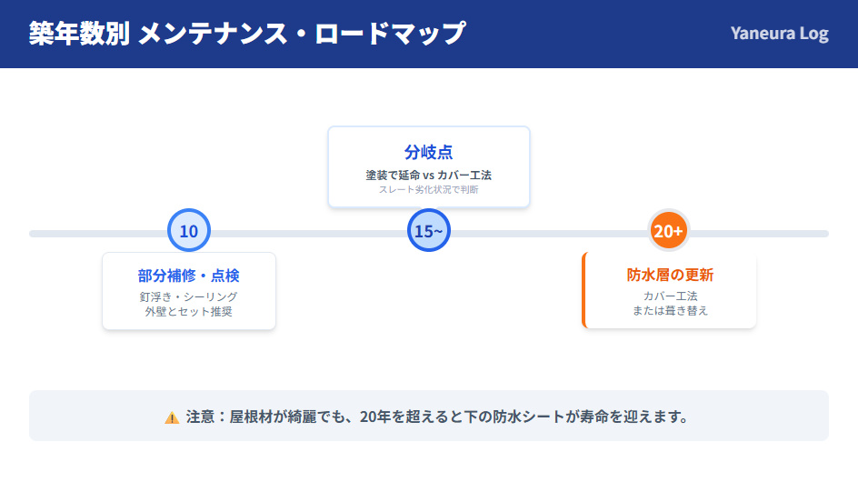 築年数別の屋根メンテナンス時期。築10年で部分補修、15年で塗装かカバーかの判断、20年以上で防水層更新が必要になる流れを図解。