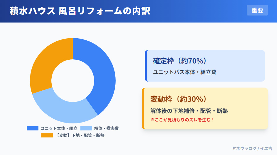 積水ハウスの風呂リフォーム費用の内訳グラフ。本体価格だけでなく、解体後に判明する下地補修や配管更新などの変動費リスクが3割を占める。