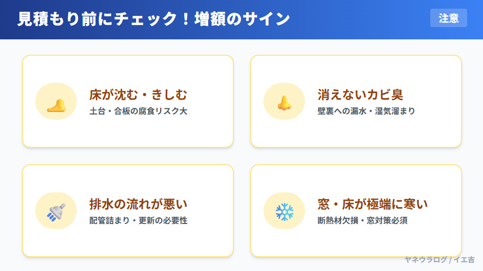 お風呂解体前にチェックすべき増額の危険サイン。床の沈み、消えないカビ臭、排水不良、極端な寒さは下地腐食の可能性あり。