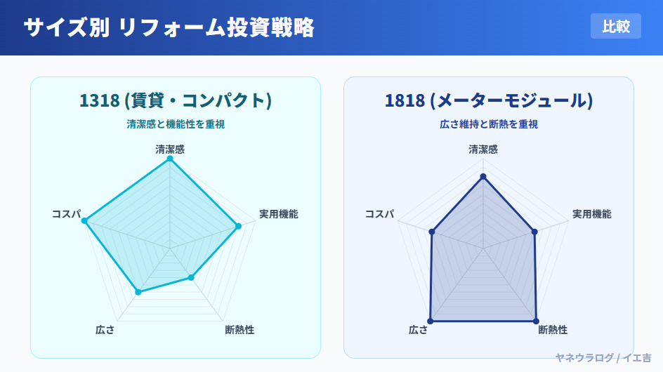 ユニットバス1318と1818のリフォーム戦略比較。1318は清潔感と機能重視、1818はサイズ維持と断熱対策を重視する投資バランスの違い。