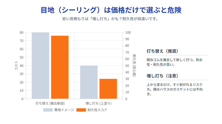 外壁シーリング工事の比較グラフ：安価な増し打ち（上塗り）と高耐久な打ち替え（撤去新設）の費用対効果とリスク
