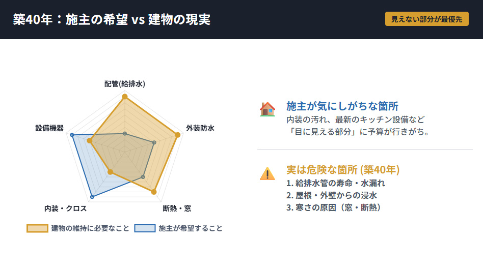 築40年リフォームの重要度比較チャート。見た目の改善よりも配管や防水など構造維持の優先度が高いことを示す図