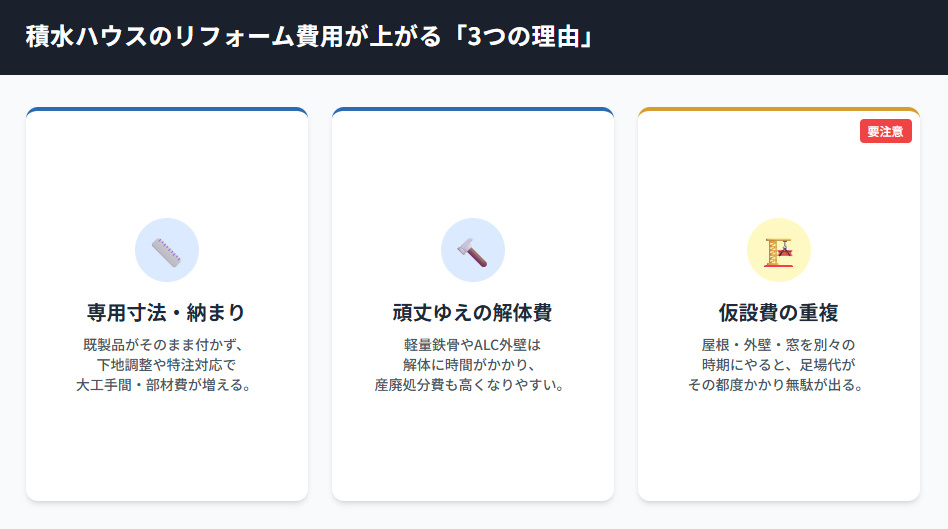 積水ハウスのリフォーム費用が高くなる3つの構造的理由（専用寸法、解体の手間、仮設費の重複）