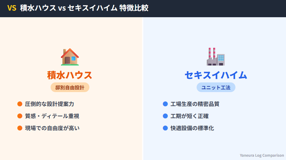 積水ハウスの邸別自由設計とセキスイハイムのユニット工法の違いを比較した図解