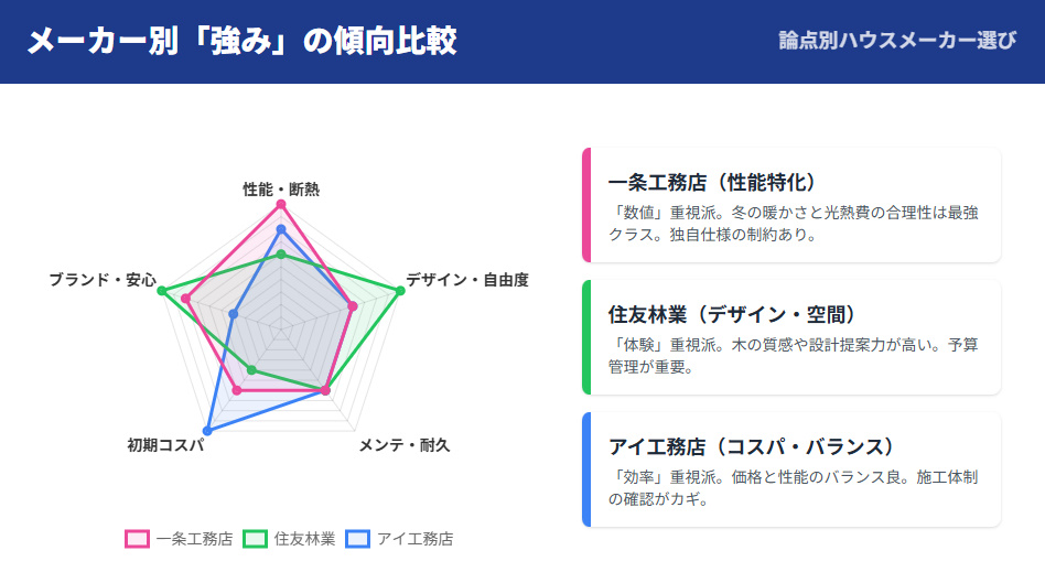 一条工務店、住友林業、アイ工務店などの強み（性能、デザイン、コスパ）を比較したレーダーチャート