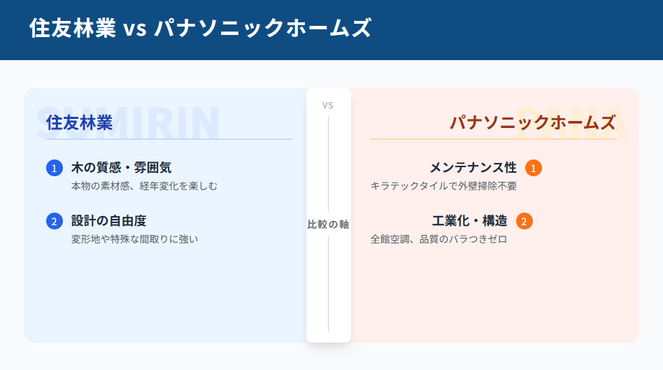 比較図:住友林業とパナソニックホームズの違い。質感重視かメンテナンス性重視か、比較すべき3つの軸(体感・手間・見え方)。