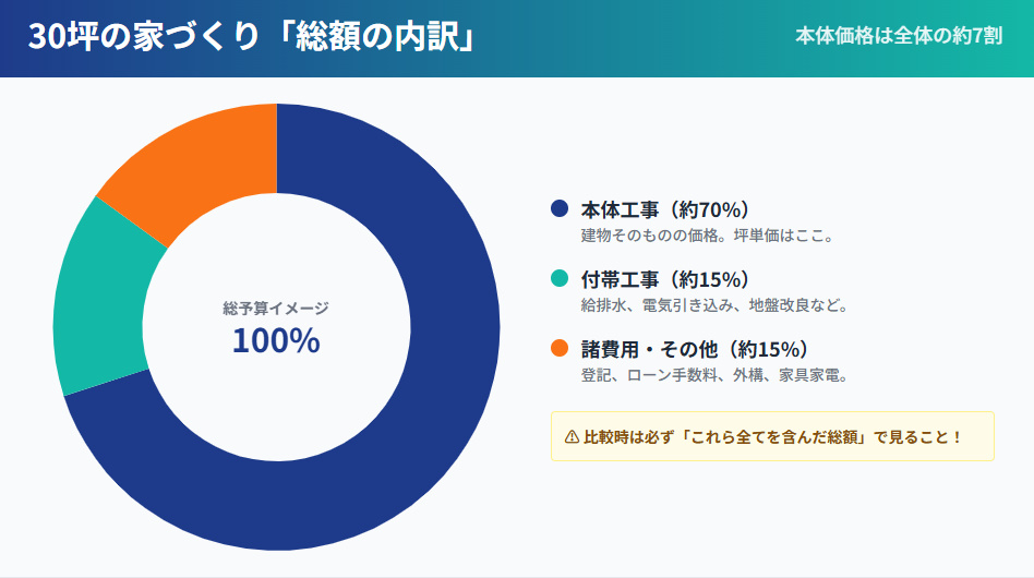 30坪の家づくりにかかる総費用の内訳円グラフ。本体工事費以外に付帯工事や諸費用が必要であることを可視化。