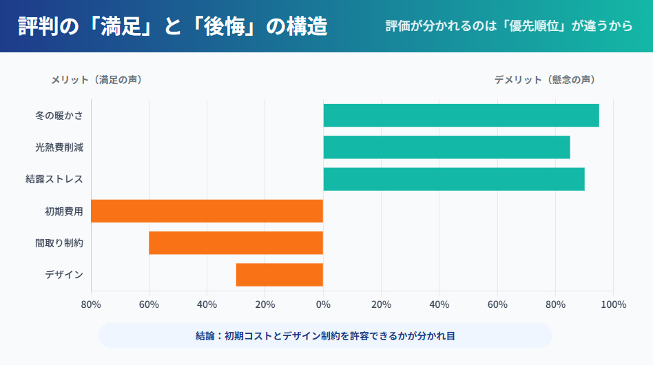 ウェルネストホームの評判分析。快適性・健康面などのメリットと、初期費用・設計制約などのデメリットの対比。