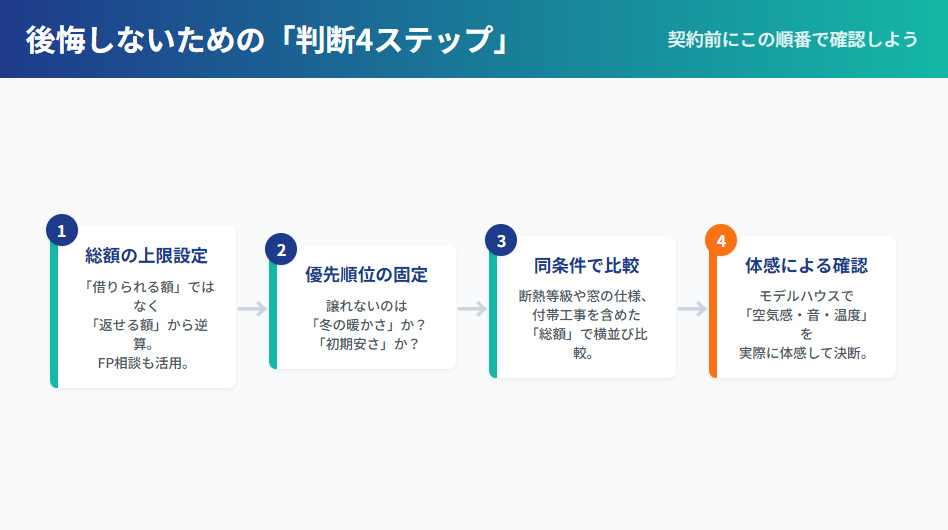 注文住宅で後悔しないための判断手順フロー図。予算上限決定から体感確認までの4ステップ。