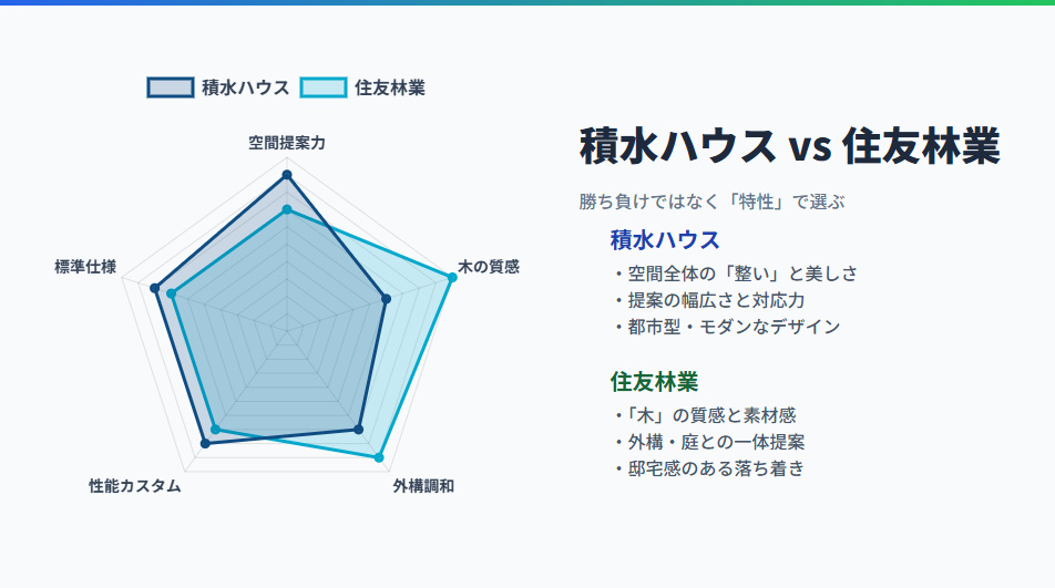 積水ハウスと住友林業の特性比較レーダーチャート。空間提案力やデザインの積水ハウス、木の質感や外構の住友林業という対比。