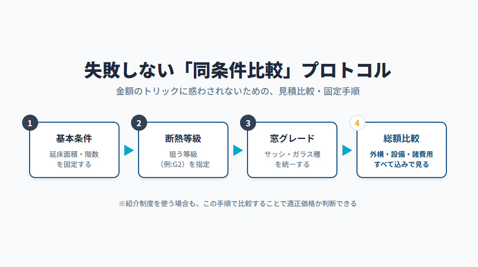 ハウスメーカーを正確に比較するための4ステップ図解。延床面積・断熱等級・窓仕様・総額の順で条件を揃える手順。