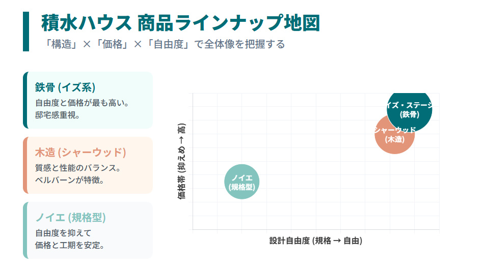 積水ハウス商品ランク図解:イズ・シャーウッド・ノイエの価格と自由度の分布マップ