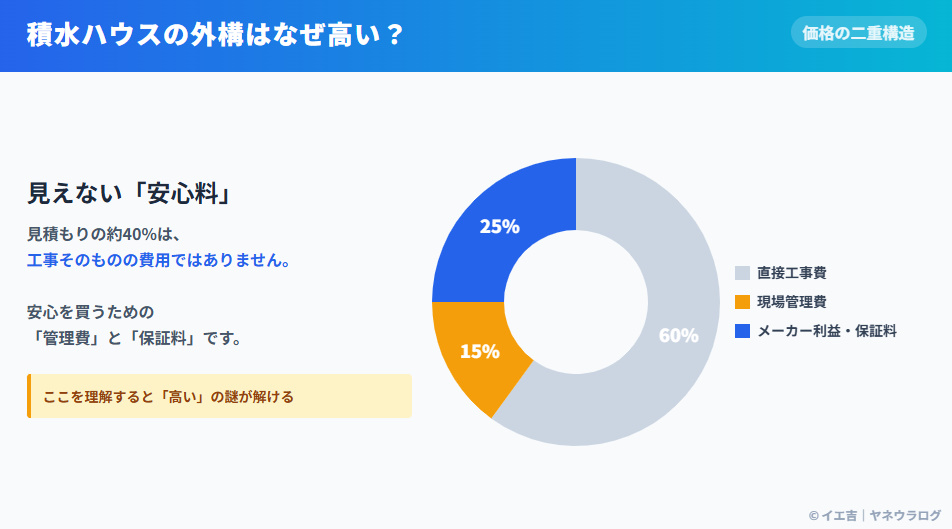 積水ハウスの外構費用が高い理由の内訳グラフ。工事原価に加え、ハウスメーカーの管理費と保証料が含まれる二重構造を図解。