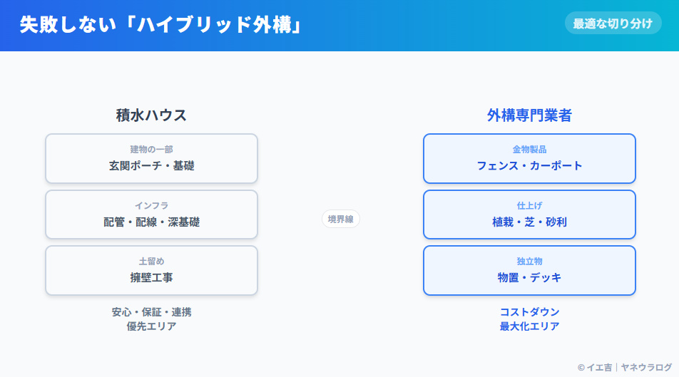 失敗しない外構外注のハイブリッド戦略図。建物と干渉する部分は積水ハウスに、装飾部分は外注に切り分ける手順を解説。