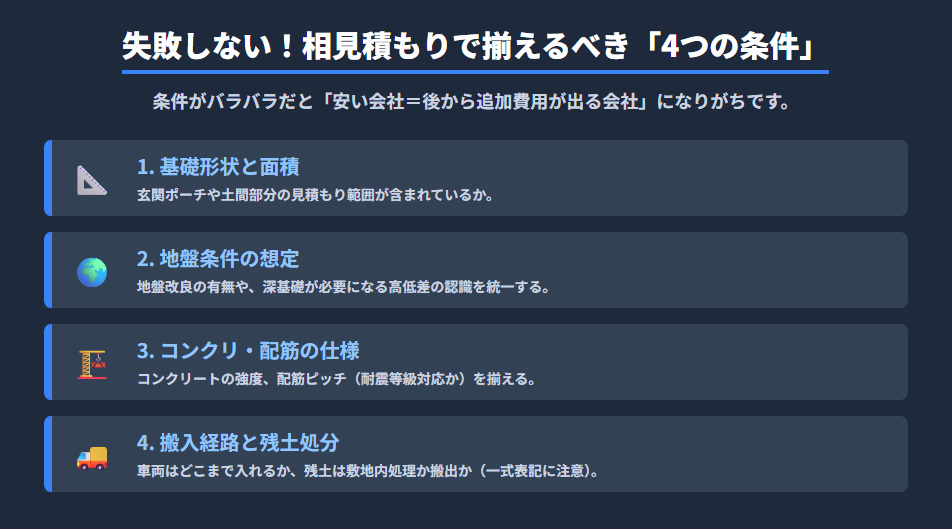 ベタ基礎工事の相見積もりで比較条件を揃えるべき4つのポイント(基礎形状・地盤条件・仕様・搬入条件)