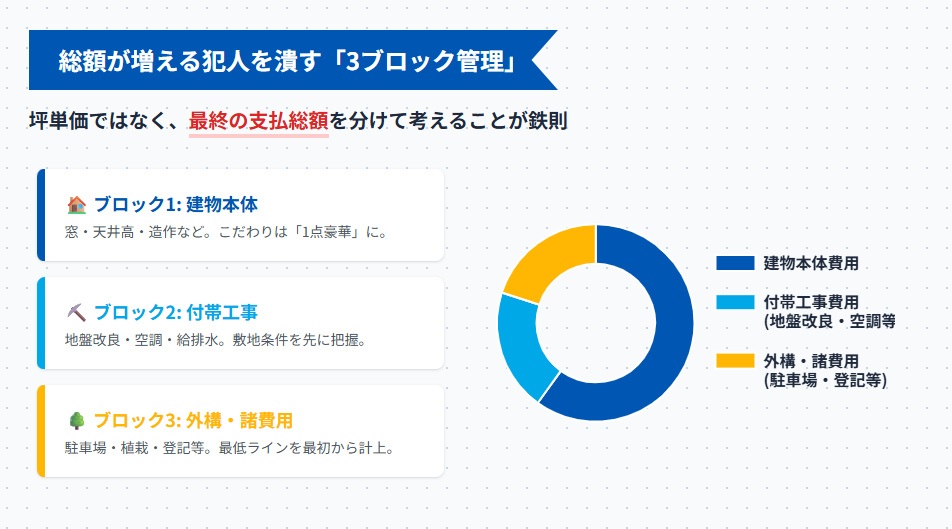 積水ハウスの総額を構成する3つのブロック(本体、付帯工事、外構・諸費用)の割合と注意点