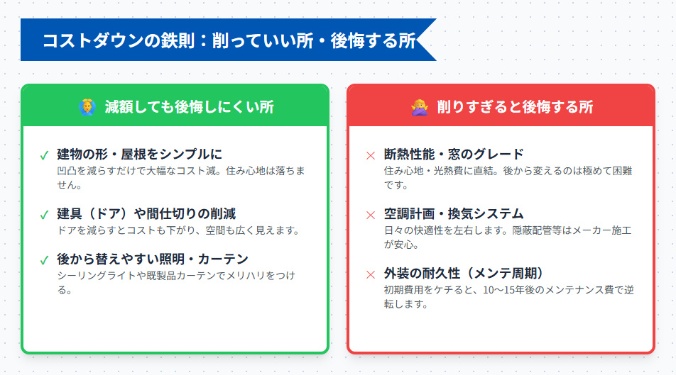 積水ハウスのコストダウンで削っていい所(形をシンプルに等)と削りすぎ注意な所(断熱・外装等)の比較リスト