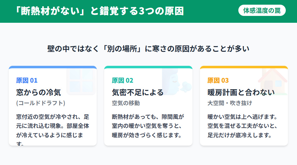 家が寒く「断熱材が入っていない」と錯覚しやすい3つの原因（窓の冷たさ、隙間風、大空間の間取り）の解説図