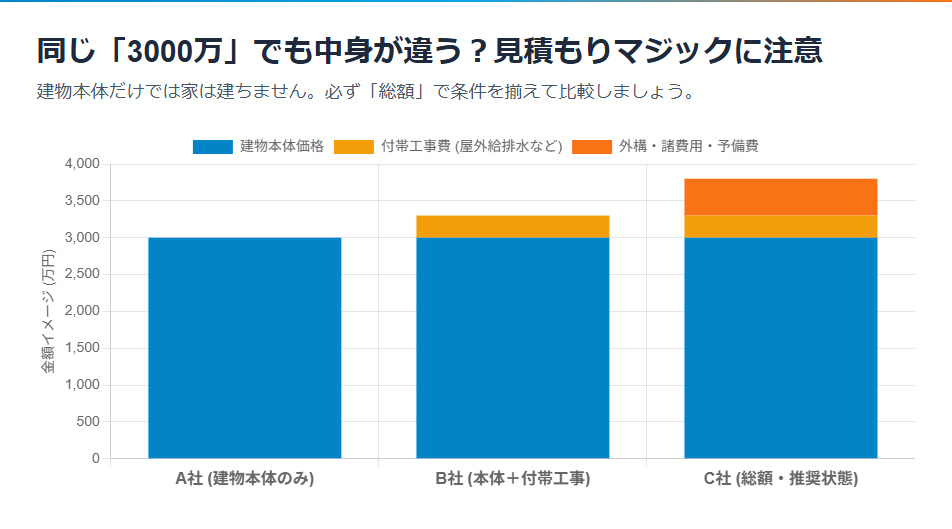 積水ハウス3000万の家の見積もり内訳比較。本体価格と総額の違いを図解