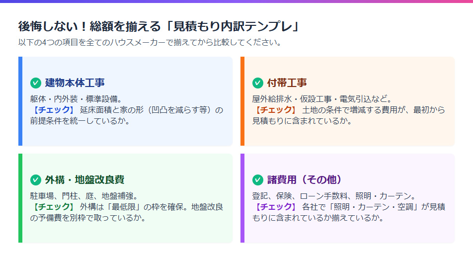 積水ハウスと他社を比較する際の見積もり条件統一・内訳テンプレート