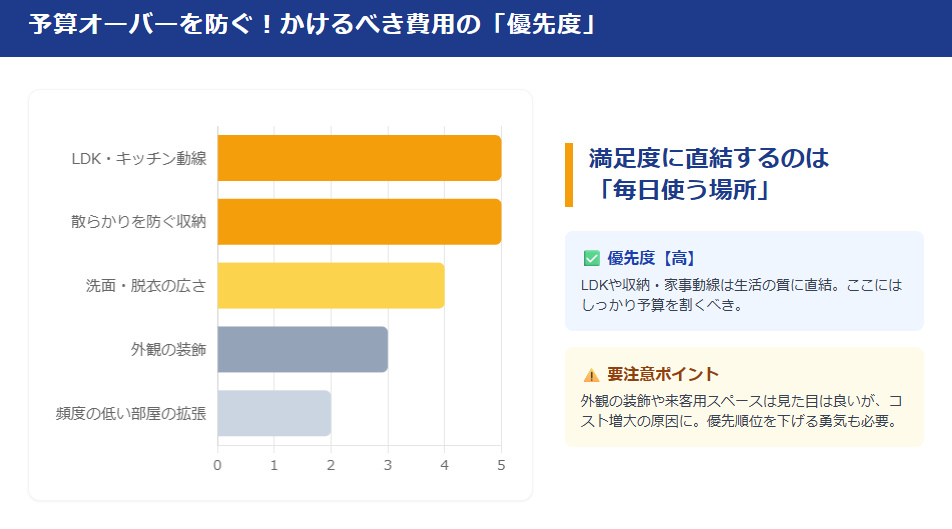 住友林業の家づくりで満足度に直結する、予算をかけるべき項目と優先度の図解