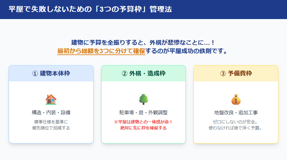 住友林業で平屋を建てる際に予算オーバーを防ぐための3つの予算枠（建物本体・外構・予備費）の分け方