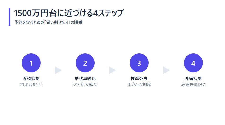 総額を1500万円台に近づけるための4つの絶対条件(面積抑制、形状単純化、標準死守、外構抑制)のロードマップ。