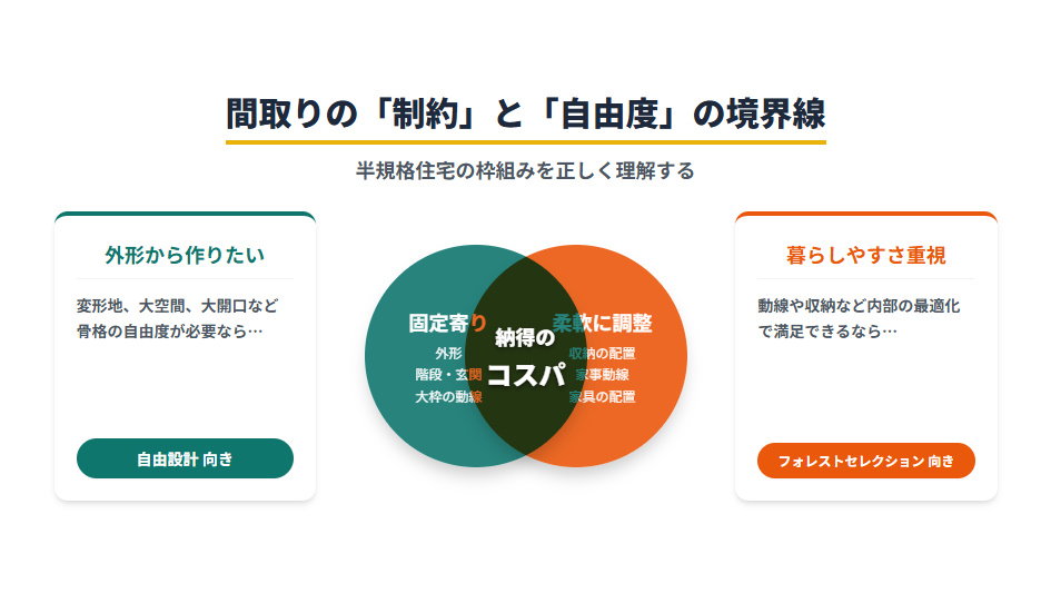 フォレストセレクションの間取りの自由度を図解。固定される骨格部分と、柔軟に変更できる内部仕様の境界線。