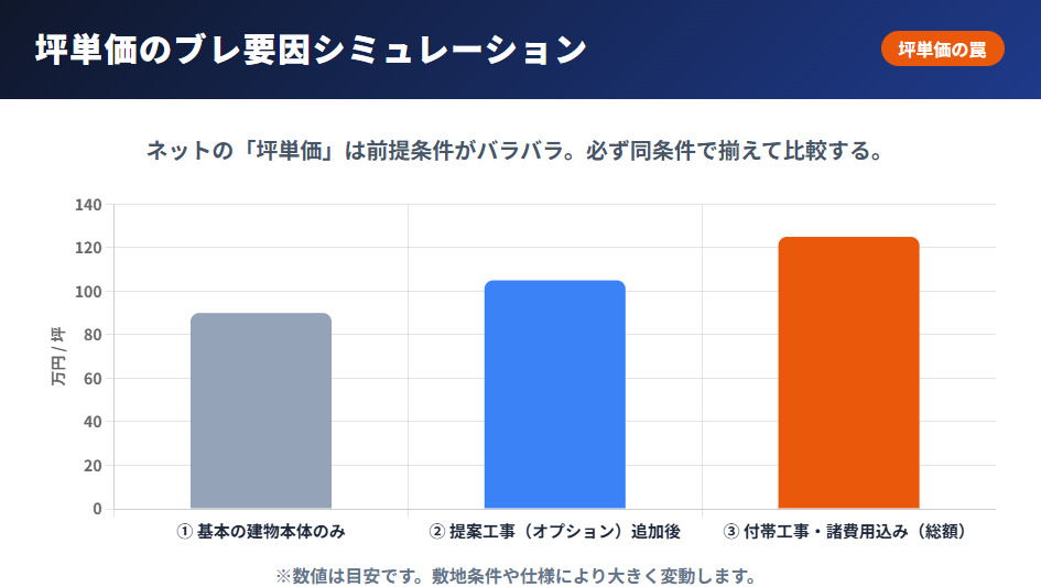 住友林業の坪単価が本体のみと付帯工事込み(総額)で変動するシミュレーション