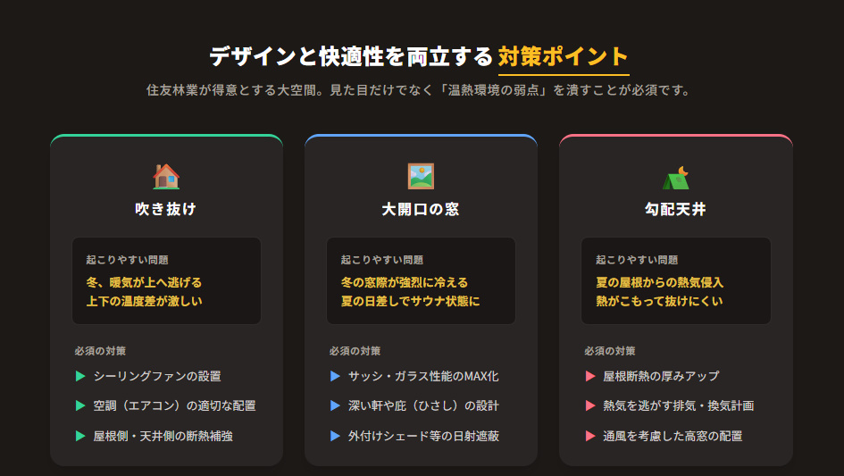 吹き抜け・大開口・勾配天井で起こりやすい温度ムラと、快適性を保つための設計・設備対策まとめ