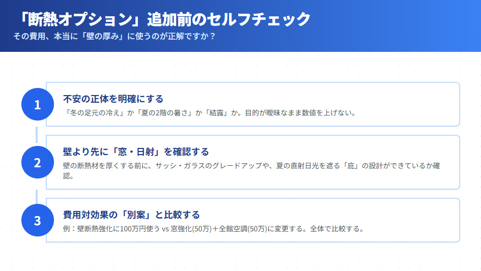 住友林業で断熱材オプションやグレードアップを検討する際の3つの確認フロー。目的の明確化、窓・日射対策の優先、費用対効果の検証。