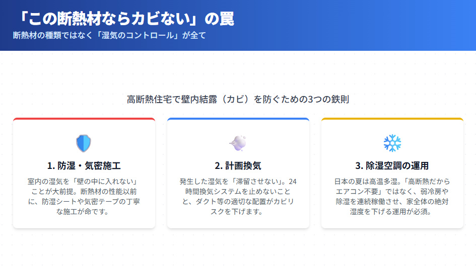 高断熱住宅における壁内結露・カビ対策の3つの鉄則。断熱材の種類ではなく、防湿層の施工、計画換気、除湿空調による湿気コントロールが重要。