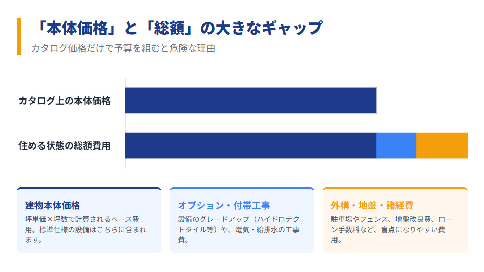 一条工務店アイキューブのカタログ上の本体価格と、オプションや外構を含めた総額費用のギャップ比較グラフ