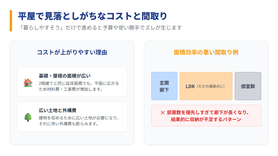平屋で注意すべき基礎・屋根のコスト増の理由と、廊下が長くなり収納が不足する面積効率の悪い間取り例